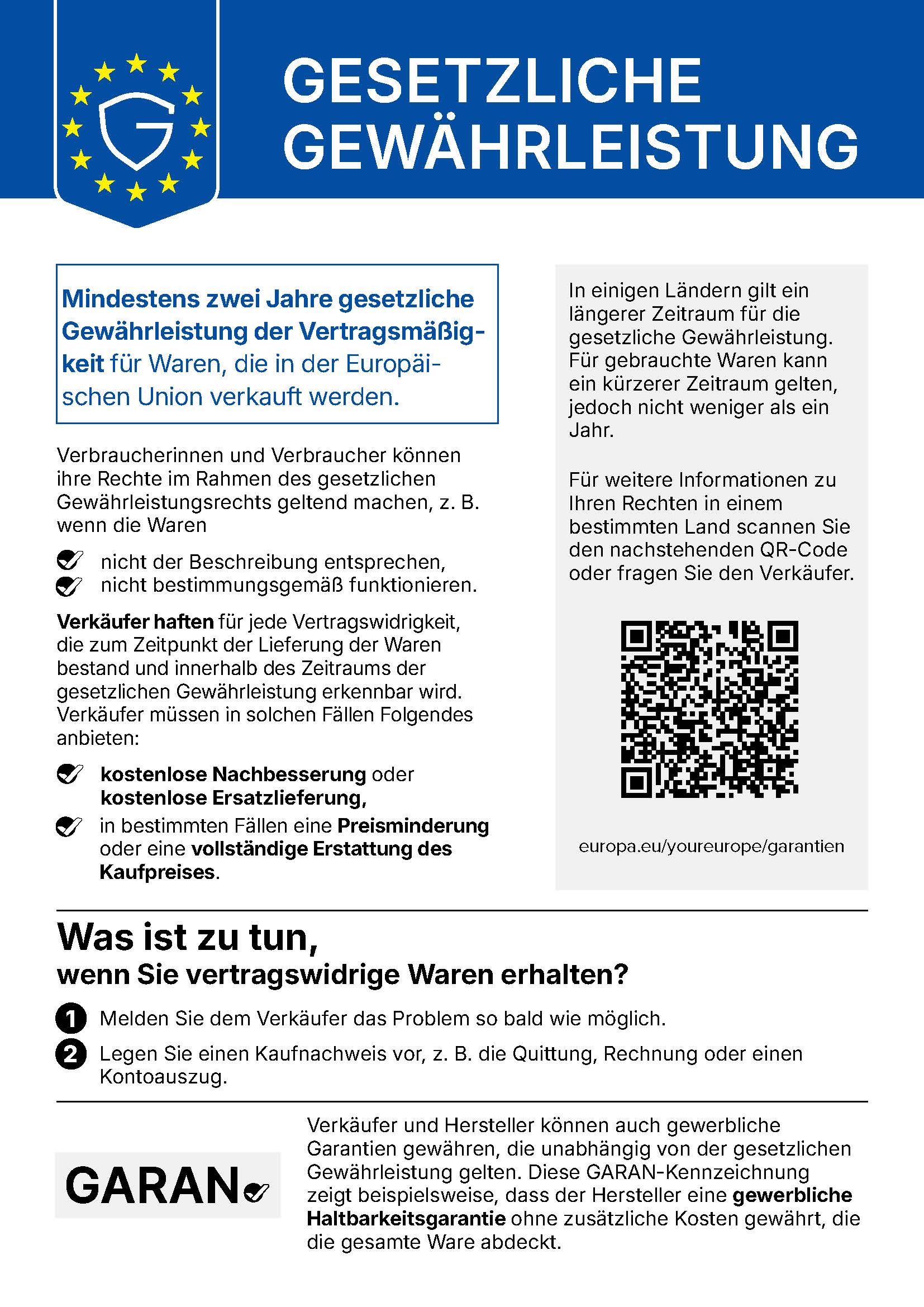 Hinweis auf gesetzliche Gew&auml;hrleistung