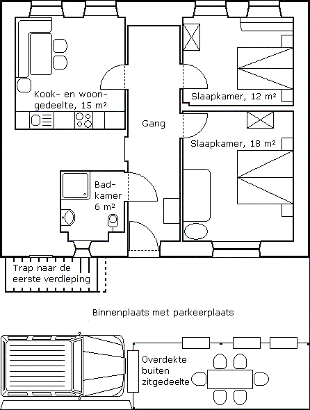 Plattegrond van de vakantiewoning op de benedenverdieping